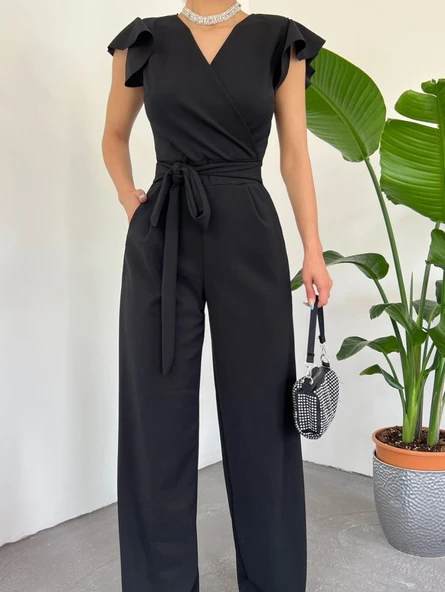 Fermuar Detaylı Fırfırlı Tulum -Siyah ürün görseli 1