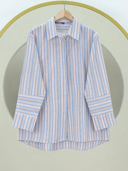 Arkası Uzun Kabartma Çizgili Oversize Gömlek -Mavi ürün görseli 1