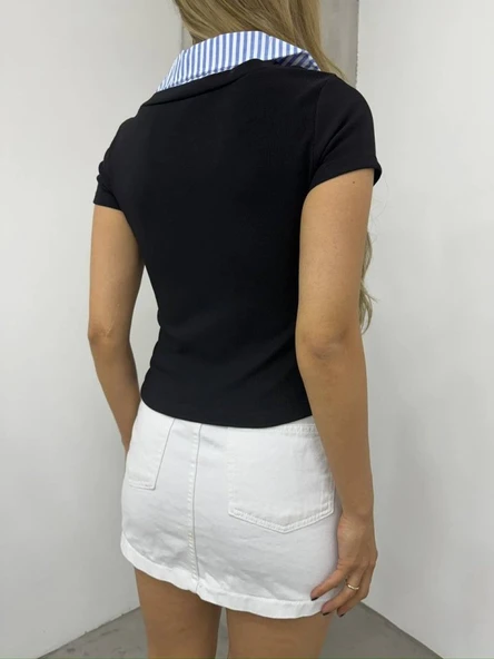 Yakalı Ottoman Yakalı Bluz -Siyah ürün görseli 1