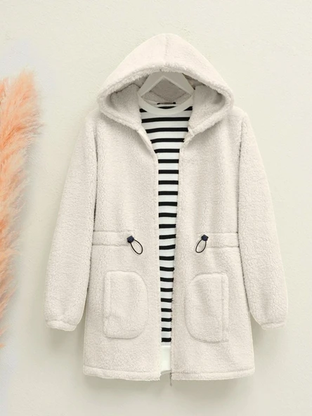 Beli Lastikli Kapşonlu Fermuarlı Peluş Mont  -Bej ürün görseli 1
