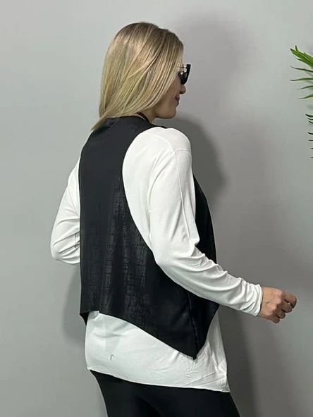 Kadın Siyah Deri Yelekli Kolye Dahil üçlü Takım - Resim 6