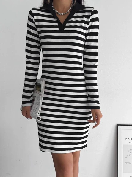 Yakalı Çizgili Uzun Kol Elbise -Siyah - Resim 3