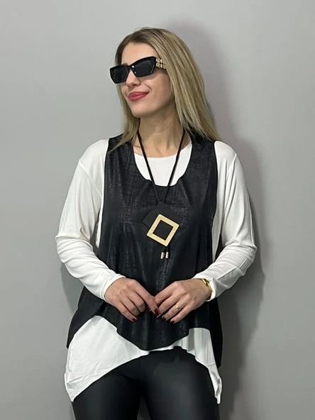 Kadın Siyah Deri Yelekli Kolye Dahil üçlü Takım - Resim 4