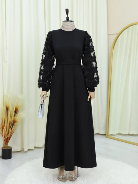 Kabartma Çiçekli Tül Kollu Kemerli Elbise -Siyah - Resim 3