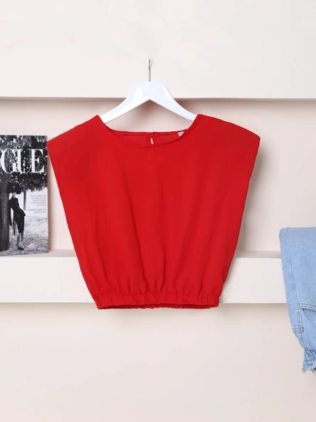 Omuzları Vatkalı Beli Lastikli  Bluz -Kırmızı - Resim 2