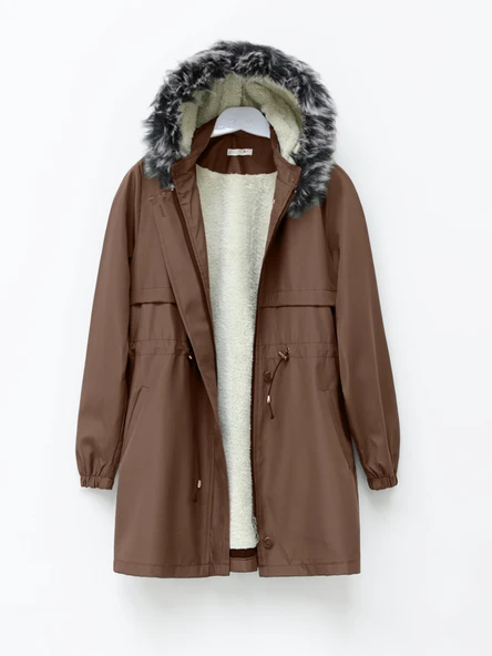 Kürklü Çıkma Kapşonlu Bağcıklı Bondit Kaban -Taba ürün görseli 1