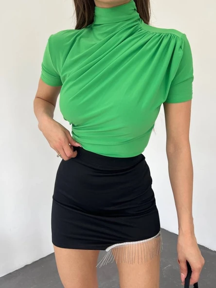Çapraz Büzgülü Yarım Boğazlı Sandy Bluz -Yeşil ürün görseli 1