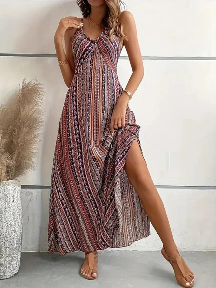 Kadın Ip Askılı Sırttan çapraz Detaylı Yırtmaçlı Desenli Süprem Elbise - Resim 4