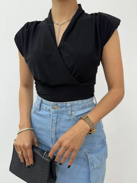 Sıfır Kol Vatkalı Kruvaze Model Sandy Bluz -Siyah - Resim 3