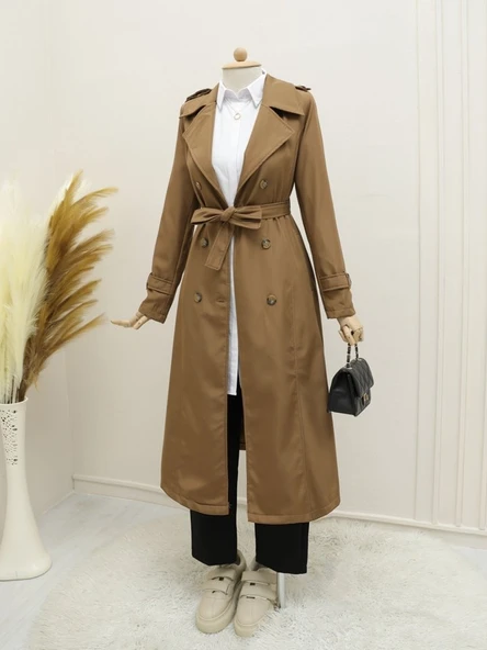 Astarlı Kemerli Trenckot -Taba - Resim 2