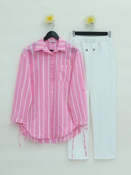 Yandan Bağlamalı Cepli Çizgili Gömlek -Pembe ürün görseli 1