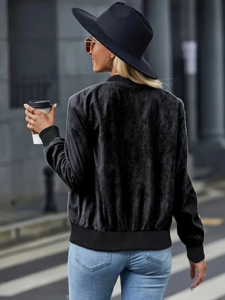 Kadın Uzun Kollu önden Fermuarlı Süet Ceket - Resim 3