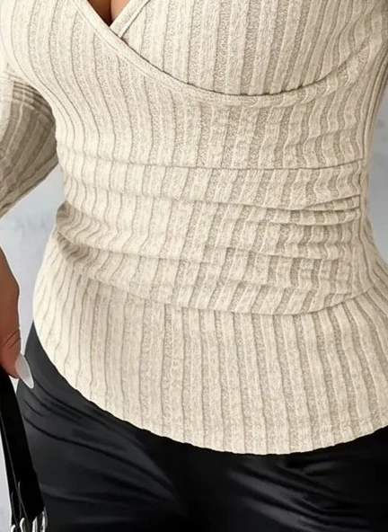 Kadın Uzun Kollu Kruvaze Yakalı Incili şardonlu Kaşkorse Bluz - Resim 3