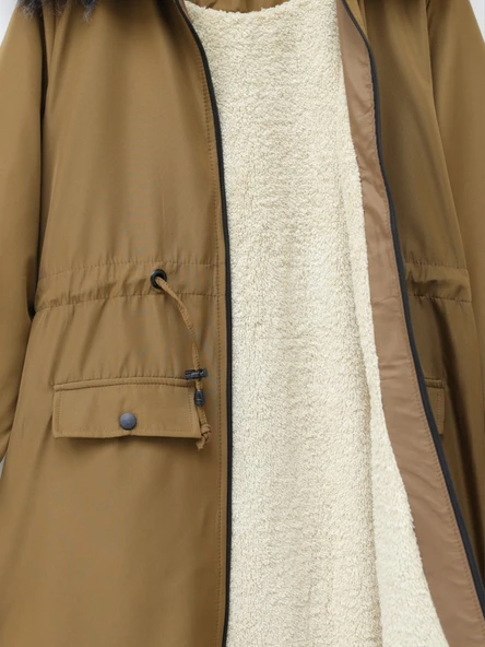 Sabit Kapşonlu İçi Kürklü Bondit Kaban -Taba - Resim 3