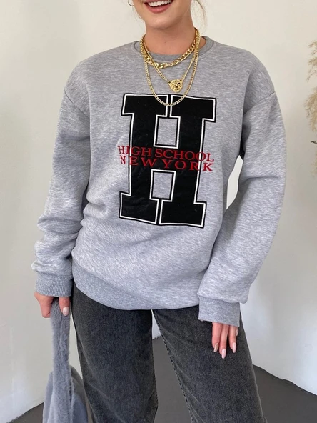 Önü Nakışlı Bisiklet Yaka Sweat Tunik -Gri - Resim 2