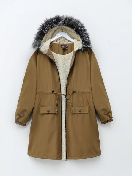 Sabit Kapşonlu İçi Kürklü Bondit Kaban -Taba - Resim 2