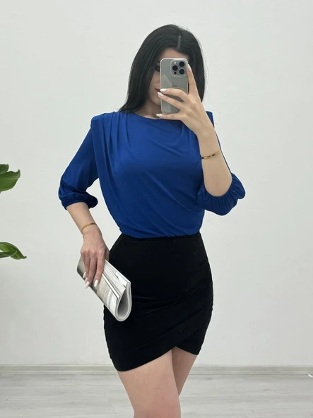 İçi Tulumlu Omuzdan Büzgülü Vatkalı Sendy Bluz -Saks - Resim 2