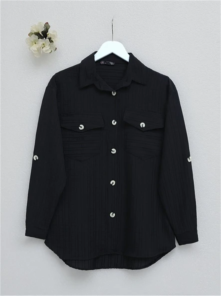 Cepleri Kapaklı Fitilli Ve Düğmeli Gömlek  -Siyah ürün görseli 1