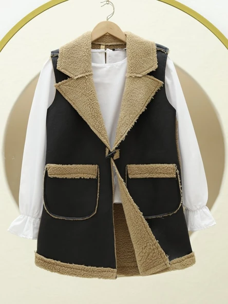 İçi Kuzu Peluş Çift Cepli Yelek  -Vizon ürün görseli 1