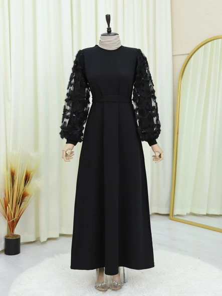 Kabartma Çiçekli Tül Kollu Kemerli Elbise -Siyah - Resim 5