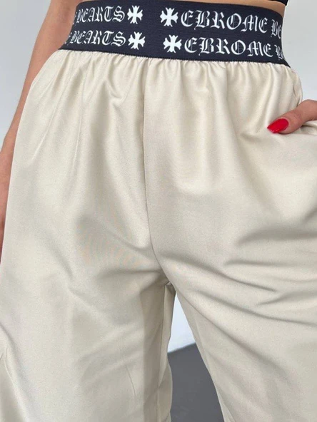 Beli Bantlı Paçası Lastikli Pantolon -Bej - Resim 3