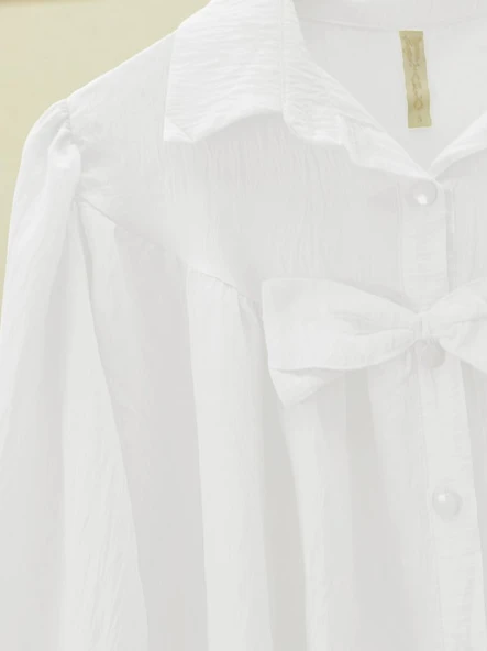 Önü Fiyonk Detaylı Parçalı Gömlek -Beyaz - Resim 2
