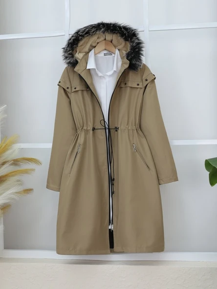 Çıkma Kapşonlu Yıldız Metal Detaylı Kaban  -Taş - Resim 3