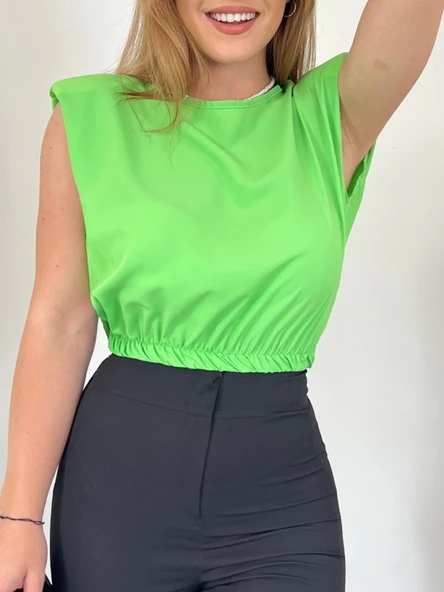 Omuzları Vatkalı Beli Lastikli  Bluz -A.Yeşil ürün görseli 1
