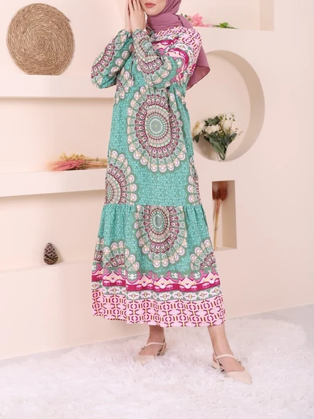 Parçalı Deseli Bağcıklı Kolu Lastikli Elbise  -Yeşil - Resim 2