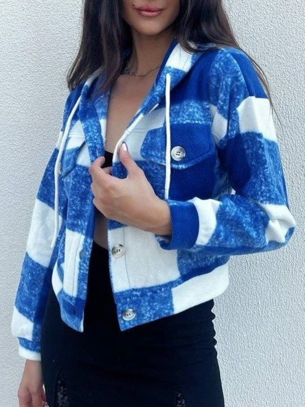 Kapşonlu Ekose Polar Crop Ceket -Mavi ürün görseli 1