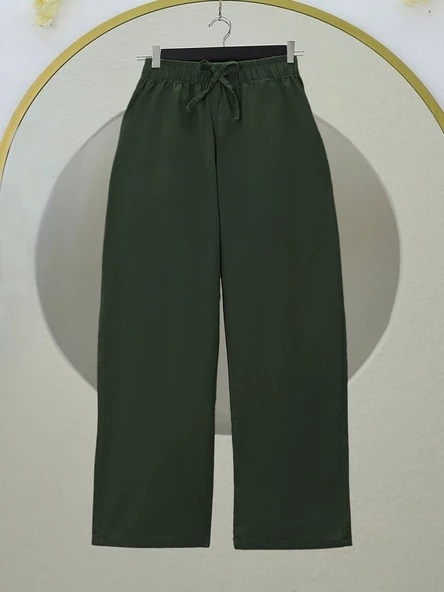 Bağcık Detaylı Bol Paça Beli Lastikli Keten Pantolon -Haki ürün görseli 1