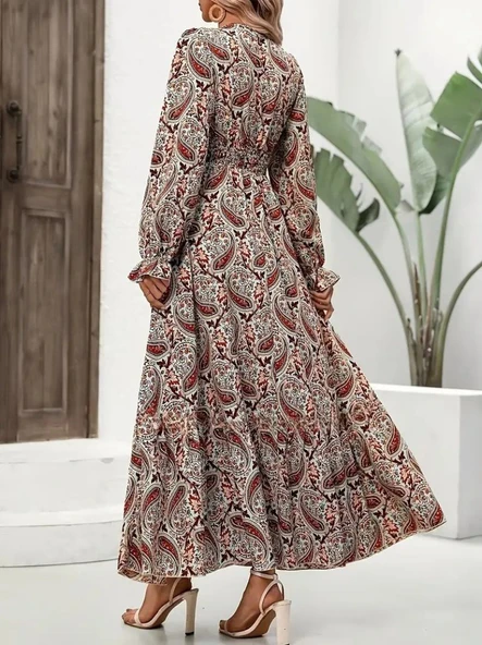 Kadın Uzun Kollu V Yakalı Beli Lastikli Desenli Süprem Elbise - Resim 2