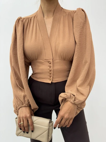 Düğmeli Arkası Lastikli Balon Kol Sandy Crop     -Vizon - Resim 9