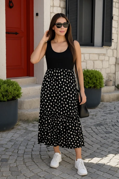 Kadın Askılı Yuvarlak Yaka üst Viskon Alt Desenli Bürümcük Elbise ürün görseli 1