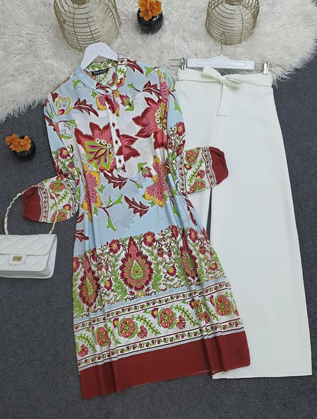 Çiçek Desenli Yarım Düğmeli Pamuk Viskon Tunik -Kiremit - Resim 2