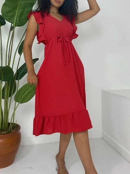 Omuzu Fırfırlı Beli Lastikli Sıfır Kol Midi Boy Ayrobin Elbise  -Kırmızı - Resim 2
