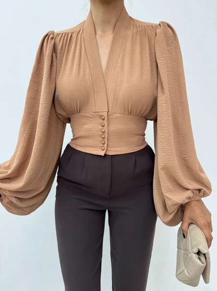 Düğmeli Arkası Lastikli Balon Kol Sandy Crop     -Vizon ürün görseli 1