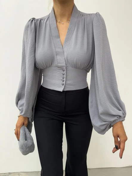 Düğmeli Arkası Lastikli Balon Kol Sandy Crop    -Gri - Resim 4