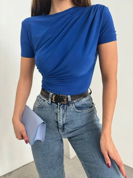 Çapraz Büzgülü Kısa Kol Sandy Bluz -Saks - Resim 3