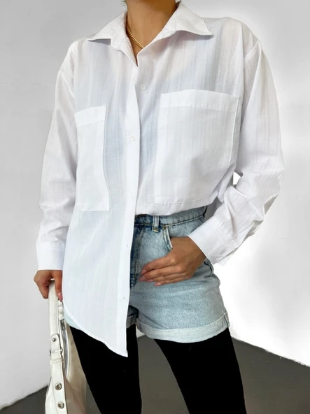 Çift Cepli Arkası Uzun Gofre Gömlek -Beyaz ürün görseli 1