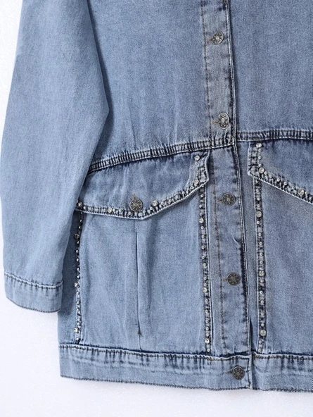 Yaka Ve Ceplerinde Taş İşlemel Kot Ceket -Buz Mavi - Resim 3