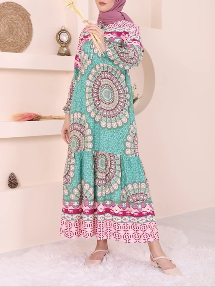 Parçalı Deseli Bağcıklı Kolu Lastikli Elbise  -Yeşil - Resim 3