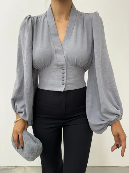 Düğmeli Arkası Lastikli Balon Kol Sandy Crop    -Gri - Resim 8