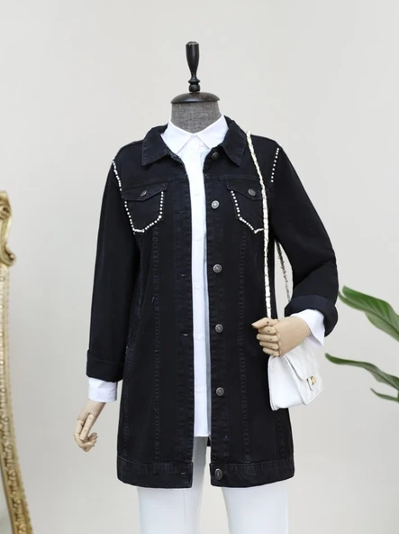 Cebi Ve Omuzları İncili Random Yıkama Kot Ceket -Siyah ürün görseli 1