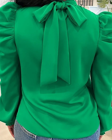 Kadın Uzun Kollu Balıkçı Yaka Arkadan Bağlamalı Omuzlardan Balon Ithal Krep Bluz - Resim 3