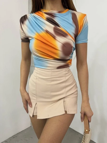 Bel Omuz Büzgülü Batik Baskı Sendy Bluz -Kayısı Rengi - Resim 4