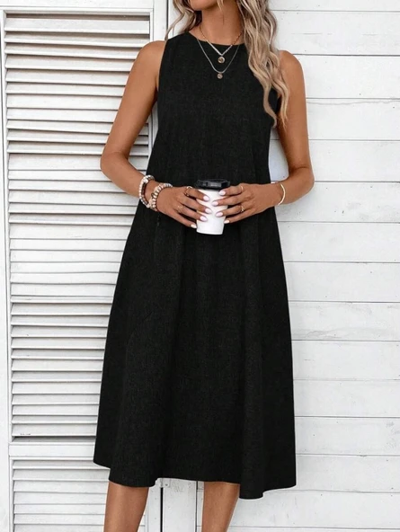 Kadın Kolsuz Bisiklet Yaka Cepli Midi Keten Elbise ürün görseli 1