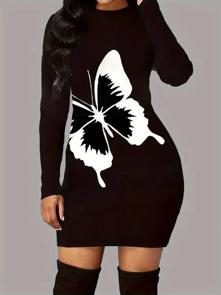 Kadın Uzun Kollu Bisiklet Yaka Kelebek Desenli Kısa Viskon Iki Iplik Elbise ürün görseli 1