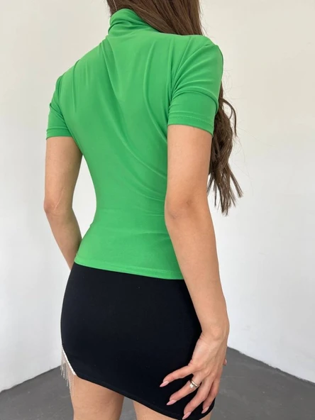 Çapraz Büzgülü Yarım Boğazlı Sandy Bluz -Yeşil - Resim 3
