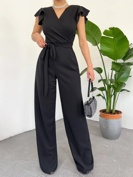 Fermuar Detaylı Fırfırlı Tulum -Siyah - Resim 4